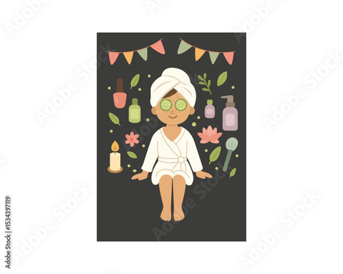 Spa poster with girl in towel, sunglasses, and turban surrounded by candles, balloons, masks, leaves, and skincare products on dark background. Vector illustration.