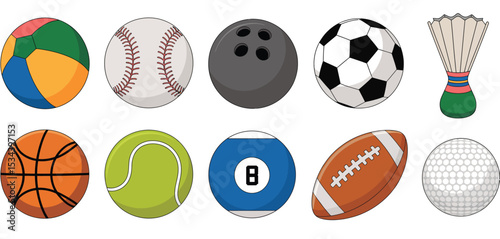 Collection of cartoon sports balls and shuttlecock