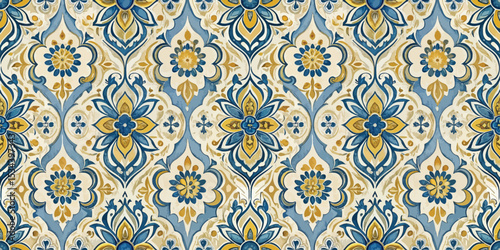 Elegant floral pattern in blue, gold, and cream hues, perfect for interior design.