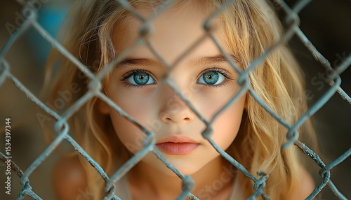 A child's intense gaze through a metal fence