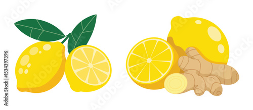 Lemons ginger root slices healthy food illustration