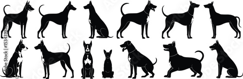 Diverse Dog Breed Silhouette Collection, Various Canine Poses, Sitting, Standing, and Barking, Pet Animal Vector Graphics for Veterinary, Training, and Pet Care Designs