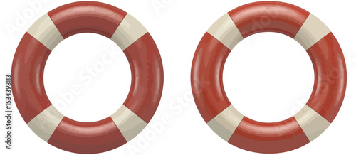 Two red and beige life preservers on white background
