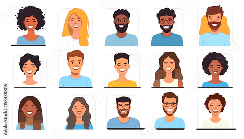 Diverse Characters: A colorful set of diverse character avatars in different skin tone and hair style, each person displaying a unique expression of joy and individuality.