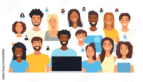 Diverse Online Community: A vibrant illustration showcases a network of interconnected individuals, each representing a different background, united by a shared digital connection.