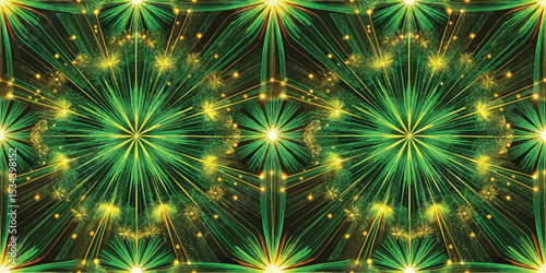Vibrant abstract background with green and yellow starburst patterns.