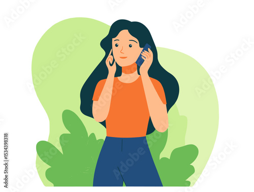 Digital Communication: Illustration of a woman using a phone in a minimalist design, perfect for conveying themes of communication and connectivity.