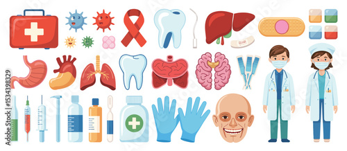 Medical icons set human organs doctors and equipment