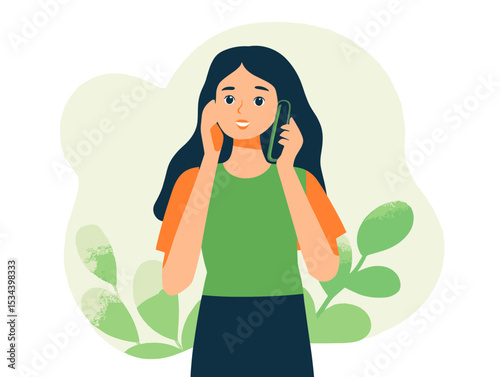 Digital Connection: A graphic representation of a young woman engaging in a phone conversation, presented in a vector art style.