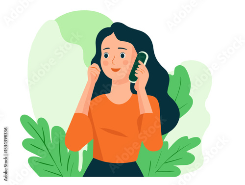 Phone Conversation in Nature: A friendly young woman smiles as she speaks on a green-colored phone, framed by lush greenery. Her expression reflects a cheerful connection, suggesting an outdoor call.