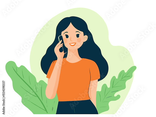 Woman Talking on Phone: A friendly woman in an orange top, captured in an illustration, is engaged in a phone conversation, set against an elegant green background.