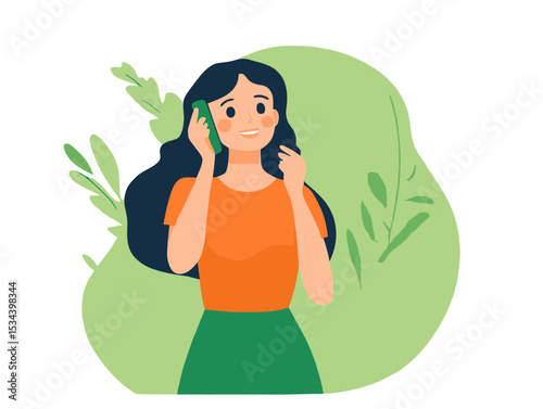 Woman on Mobile Phone: Cheerful woman talking on mobile phone, surrounded by green leaves.  A delightful illustration showing modern communication.