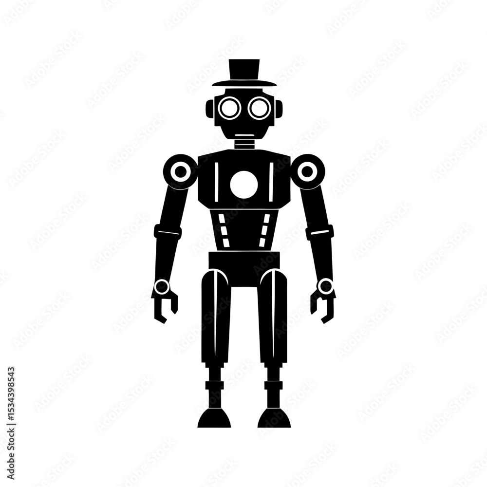 Fototapeta premium Monochrome Robot Illustration Showing a Retro Design With a Hat and Mechanical Limbs Standing on a White Background