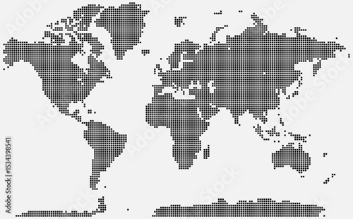 Pixelated squire shape map of the world using dotted symbols to define land and country borders