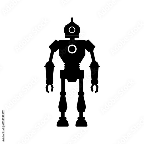 Monochrome Robot Illustration Showing a Retro Design With a Hat and Mechanical Limbs Standing on a White Background
