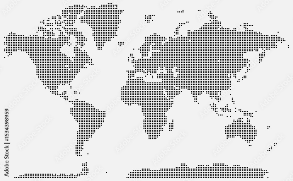 Naklejka premium Geometric squire shape dotted world map graphic showcasing landforms and geographic data