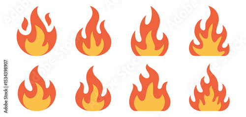 Eight simple flat fire flame icons set