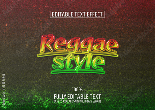 A "Reggae Style" editable text effect with a glossy 3D look and a vibrant red, yellow, and green Rasta color gradient PSD.