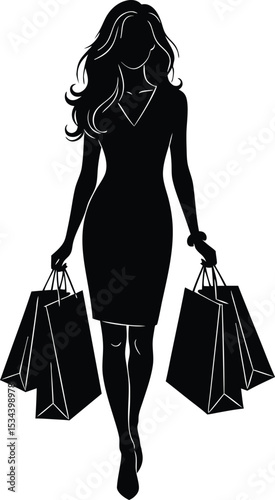 Woman Silhouette Walking with Shopping Bags Black and White