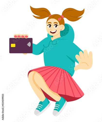 Happy teenage girl jumping, showing debit card. Debit card for teenagers. Vector illustration