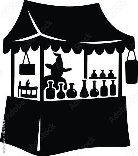 Enchanted Potion Shop A whimsical illustration of a medieval market stall selling magical elixirs and potions.