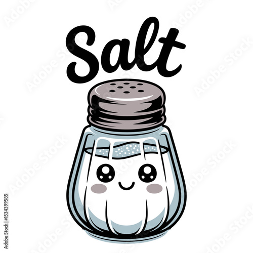 A cute salt shaker character features a happy face with blushing cheeks and sparkling eyes. The word Salt
