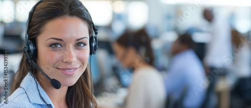 Wallpaper Mural Smiling Caucasian woman wearing headset as a customer service representative in a busy call center, providing support and assistance with a positive attitude Torontodigital.ca