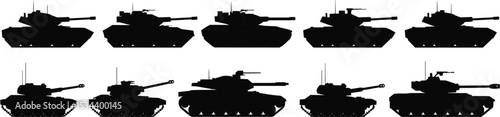 Silhouette collection of modern battle tanks, military vehicle illustration, army armored combat tanks, side and front views, black tank icons, defense warfare concept