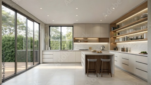 Modern kitchen with minimalist design and large windows overlooking nature.