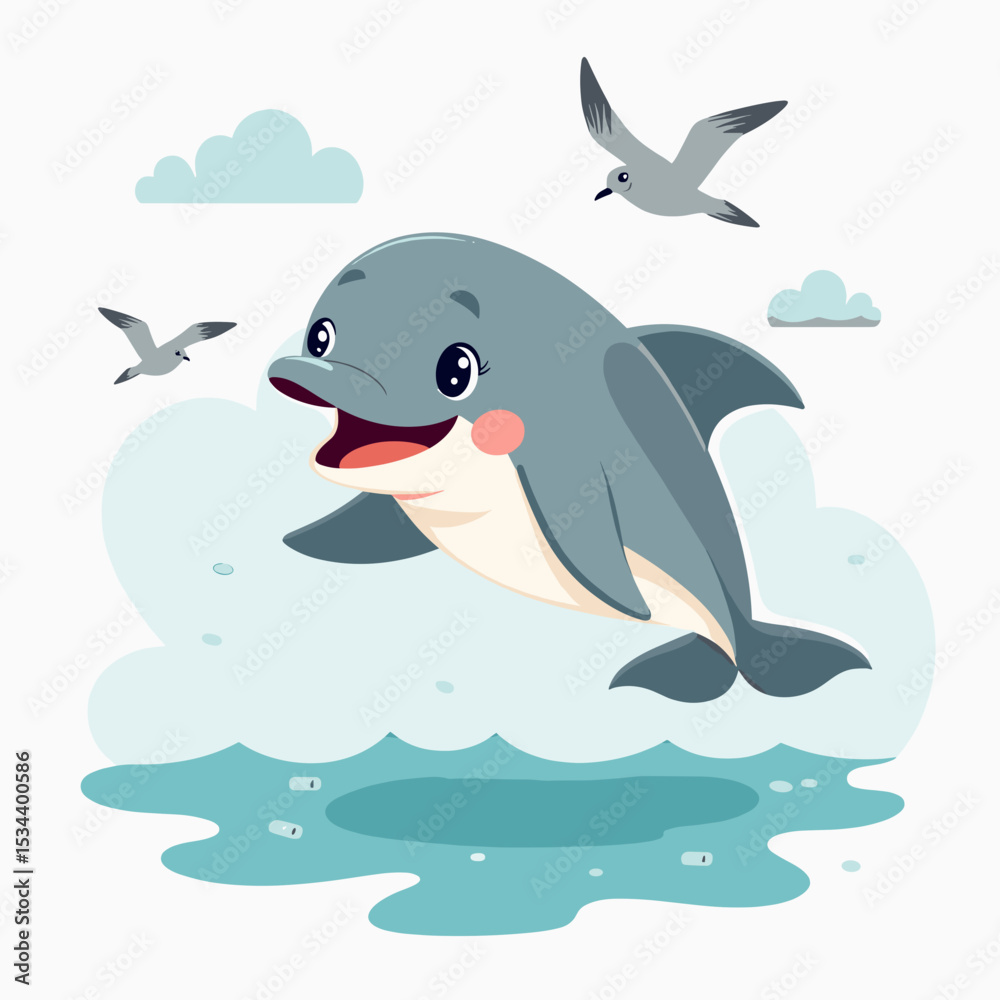 Fototapeta premium Happy Cartoon Dolphin Jumping Vector Illustration