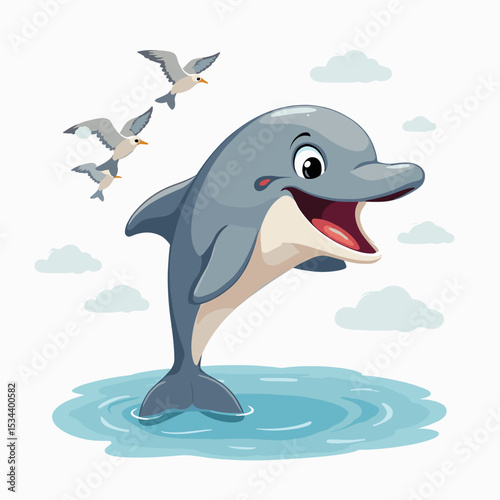 Happy Cartoon Dolphin Jumping Vector Illustration