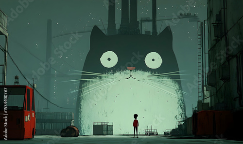 Child stares at giant cat standing before smoky city structures, framed by buildings and a red vehicle