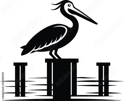 Pelican on Dock Piling Vector, Bird Icon Clipart