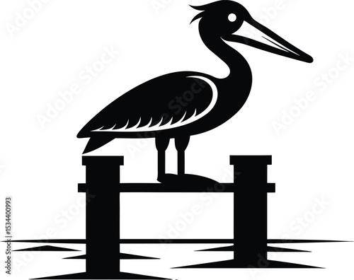 Pelican on Dock Piling Vector, Bird Icon Clipart