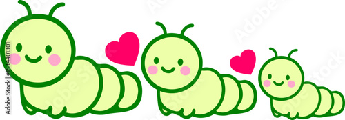 Adorable Green Caterpillar Family with Hearts Vector Illustration in Cute Flat Style