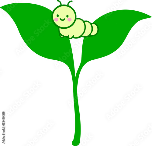 Cute Caterpillar on Green Leaf Sprout – Eco Friendly Nature Icon