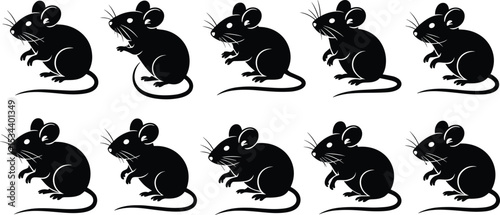Silhouette of ten black mice sitting in rows, simple vector illustration of cartoon rodents isolated on white background, animal design