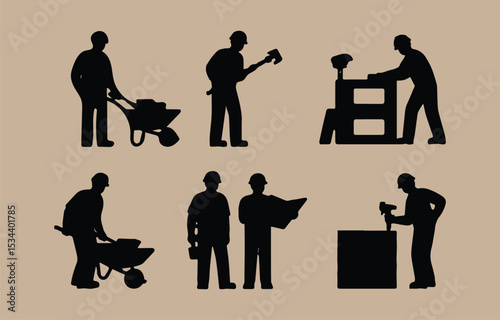 Silhouette icons of construction workers performing various tasks