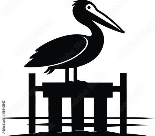 Pelican on Dock Piling Vector, Bird Icon Clipart