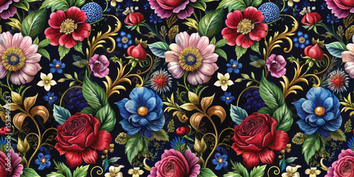 Vibrant floral pattern with rich colors on a dark background.