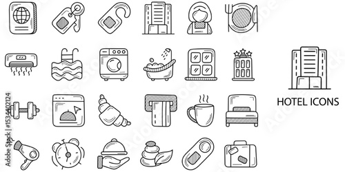 Hotel simple concept 24 hand drawn icons set .Vector illustration.
