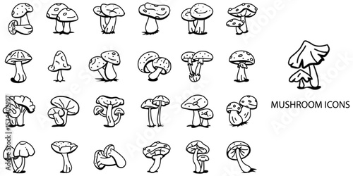 Mushroom simple concept 24 hand drawn icons set .Vector illustration.