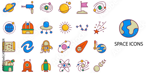 Space simple concept 24 hand drawn color icons set .Vector illustration.	
