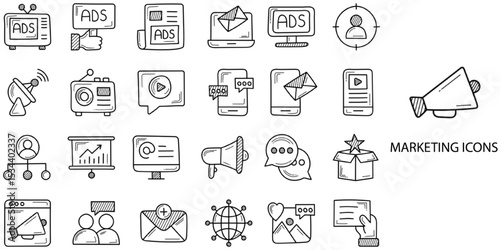 Marketing simple concept 24 hand drawn icons set .Vector illustration.	