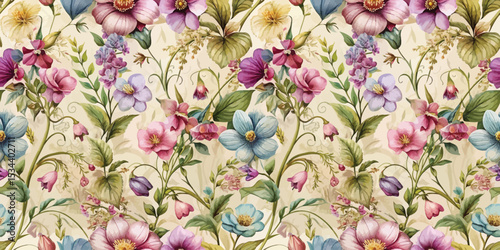 Colorful floral pattern featuring a variety of flowers in soft pastels.