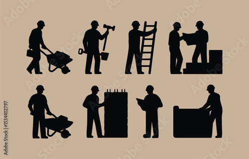 Silhouette set of construction workers performing various tasks