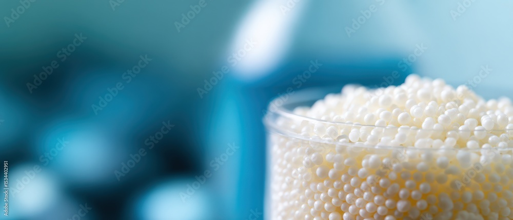 custom made wallpaper toronto digitalCloseup of white polymer beads in a clear beaker against a blurred blue background Concept of chemistry, science, and material science in laboratory