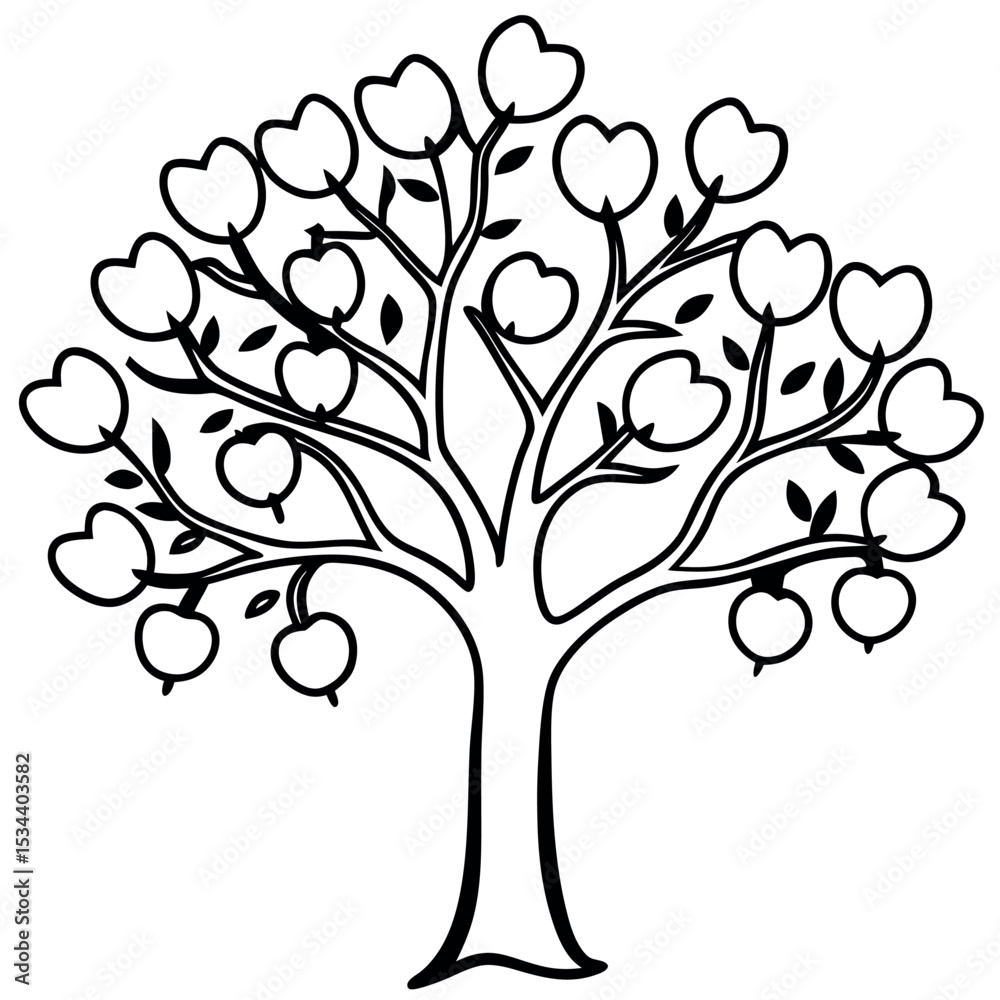 Obraz premium Black Line Drawing Full Apple Tree Simple Design fruit