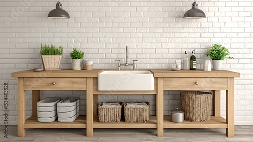 Stylish modern washstand with plants, basket storage, white brick backdrop, and elegant lamps creating serene bathroom arrangement.
