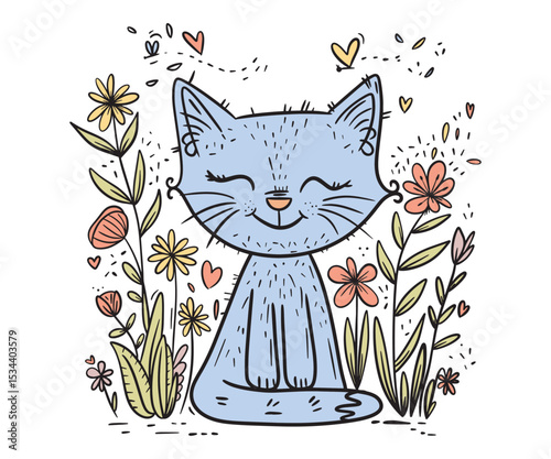 Blue cartoon cat sitting in flowers and grass with a gentle smile. Whimsical hand-drawn character for kids' prints, cards, and decoration. Vector illustration.